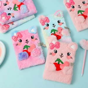 Fuzzy cat themed A5 diary for girls with heart plush pen and secure metal lock