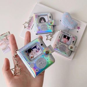 Laser Holographic Mini Photo Album Retro MP3 Player Style Star Keychain Kpop Card Holder Binder For Small Photos Girls Gift