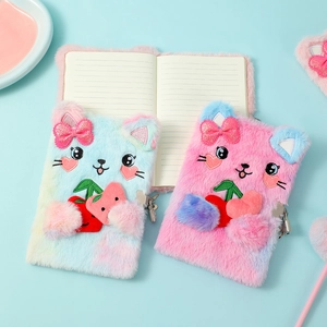 Detailed view of plush cat diary with embroidery sequins and metal security lock