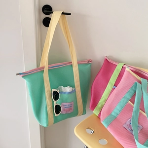 Bolso de malla con correas de lona y bolsillo frontal para picnic, camping o compras