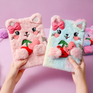 Plush cat notebook for girls featuring faux fur, sequin bow, and a secure metal lock set