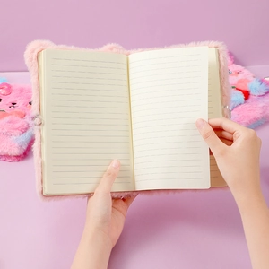 Pink plush A5 cat diary for girls featuring a metal lock and soft faux fur cover