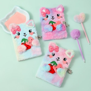 Detail of plush cat diary with soft faux fur cover, heart embroidery and metal lock set