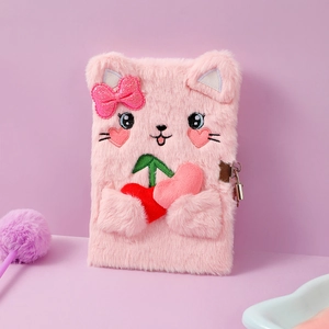 Detail of pink plush cat notebook featuring a sequined bow and metal security lock