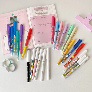Flat lay of colorful cartoon gel pens with cute animal patterns and school stationery