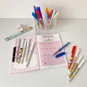Cartoon 20-piece stationery set with colorful pens, ruler, and notebook on white desk