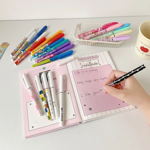 Close-up of 0.5mm colorful gel pens with cartoon patterns and a white storage basket