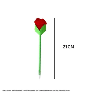 Detailed view of artificial red rose ballpoint pen with 21cm green stem and black ink