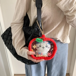 Star-shaped red apple plush display bag with clear PVC window and gold chain