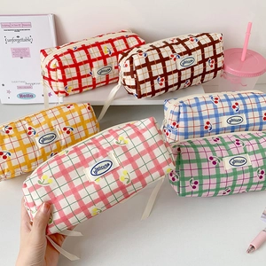 Canvas Grid Pattern Cherry Print Pencil Case Large Capacity Korean Style Students Stationery Bag Makeup Storage Organizer Pouch