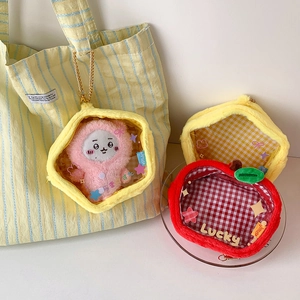 Plush doll display bag and red apple pouch with clear PVC window and chain