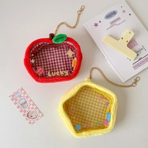 Clear PVC window detail on plush star and apple shaped doll storage bags with gold chains