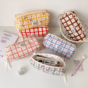 Cute plaid cherry pencil case stationery bag set with multi-layer storage capacity