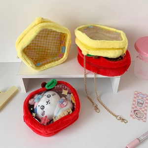 Plush apple doll display bag with transparent window and gold chain strap for storage