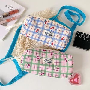 Checkered cherry print canvas pencil case and cosmetic bag in cream pastel colors
