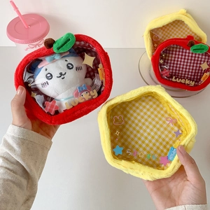 Cute apple-shaped plush doll display pouch with clear window and lucky star pattern