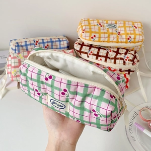 Plaid canvas pencil case with cherry embroidery and zipper, cute student stationary bag