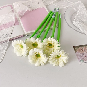 Set de cinco bolígrafos de margaritas verdes con pétalos blancos en fondo de encaje