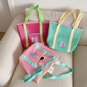 Bolso Tote de Malla Estilo Coreano para Mujer Gran Capacidad Plegable Bolso de Mano para Playa de Verano con Cremallera Bolso de Hombro Transpirable