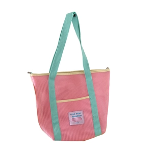 Bolso de playa de malla rosa con asas verde menta y cremallera para viajes y ocio