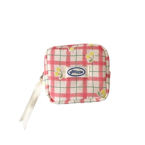 Pink checkered canvas pouch with cherry prints and a ribbon zipper puller