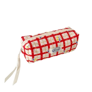 Creamy plaid pencil case with cherry print and ribbon zipper, cute stationery bag
