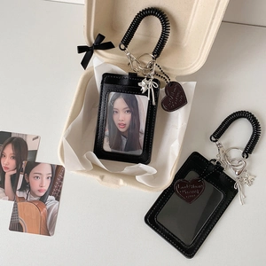 PU Leather Card Holder With Clear Window Spiral Lanyard Heart Pendant Cat Charm For Photo Card Student ID Transit Card