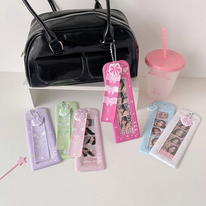 Acrylic ribbon bow photo card holder with ball chain in multiple pastel colors