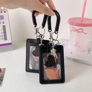 Black PU leather 3-inch card holder with heart charm and retractable spring cord