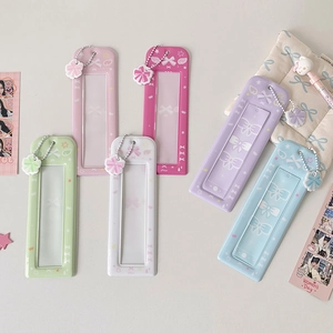Set of pastel photocard holders with ribbon charms and metal chains in five colors