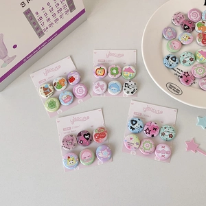 Set of 6 cute cartoon badges for DIY bag decoration with colorful animal and plant patterns