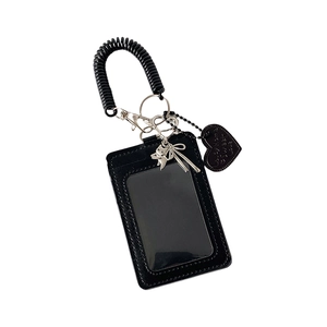 Black hollow card holder with elastic spring lanyard and metal butterfly charms