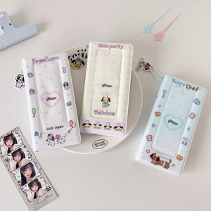 Close-up of cute puppy themed photo card holders with transparent slots and cute patterns