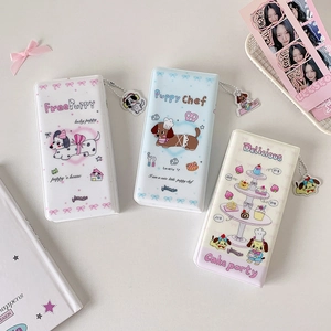 Close-up of cute cartoon puppy storage bags with charming pendants in multiple colors