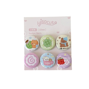 Set mit sechs 25mm Mini-Anstecknadeln aus Zinn mit niedlichen Comic-Motiven auf Karte