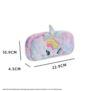 Detail of plush unicorn pencil case with rainbow sequins and dimensions 22.9x10.9cm