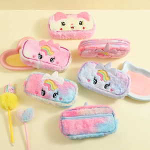Detail of plush cartoon unicorn pencil cases with embroidery and soft rainbow texture