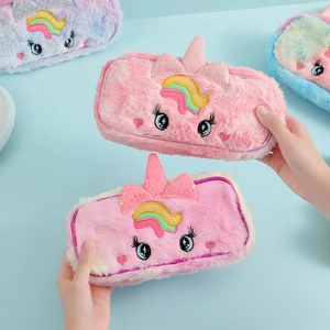 Cute plush unicorn pencil case with rainbow embroidery and 3D glitter horn design