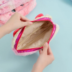 Pink plush unicorn pencil case with double zippers and two spacious compartments