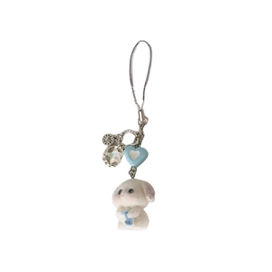 Porte-clés lapin blanc floqué mignon avec perle cœur bleue et pendentif étoile argenté