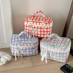 Borsa Trucchi Cotone Trapuntato Quadretti Ciliegia Manico Organizzatore Toletta Viaggio Pochette Cosmetici Mano