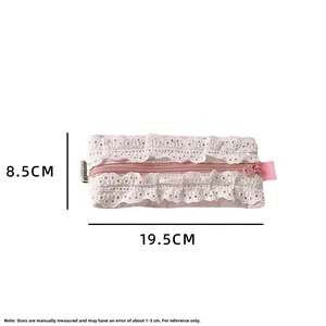 Detail of pink pencil case with white lace embroidery and dimensions of 19.5cm by 8.5cm