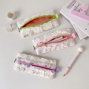 Trousse à fleurs avec bordure en dentelle, pochette scolaire style coréen pour filles