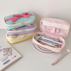 Multilayer macaron canvas pencil case with cute bow and large capacity storage