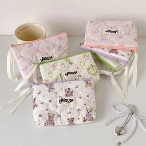 Quilted cotton cartoon bear pouch for makeup and sanitary pads in multiple colors