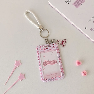 Sweet pink floral photo card holder with cute rabbit charm and white braided lanyard
