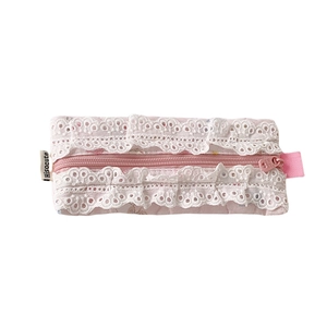 Pink quilted cotton pencil case with double lace trim and signature logo label