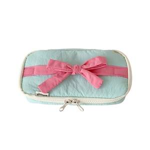 Mint green high capacity pencil case with pink ribbon bow and durable zipper