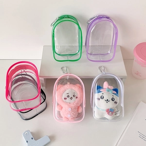 Clear PVC mini backpack display bag for plush dolls with colorful trims and metal hook