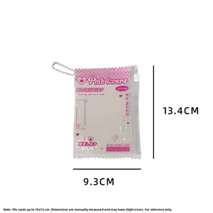 Pink transparent PVC card holder dimensions showing 13.4cm x 9.3cm outer size detail